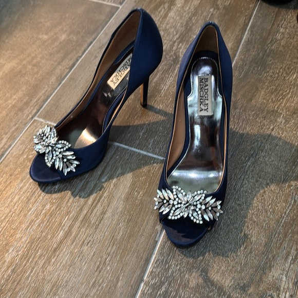 Badgley Mischka Blue Satin Peep-Toe Heels - Picture 2 of 7